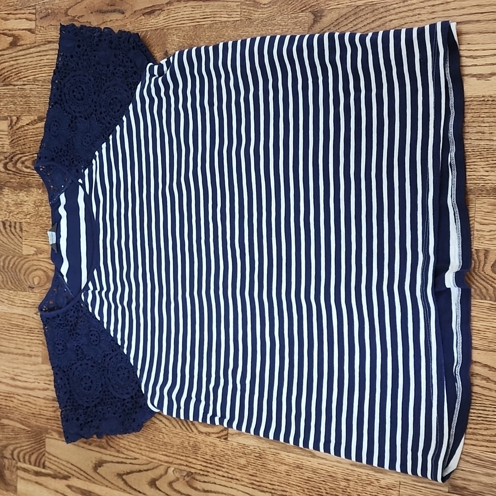 (XL) Denver Hayes Cotton T Crochet Shoulders Boho Classic Fall Vacation Stripes